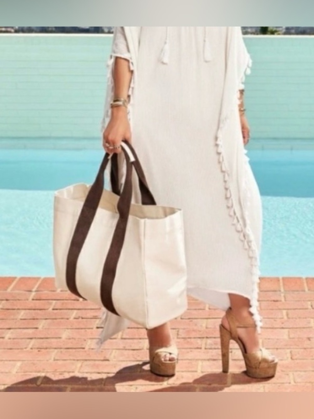 LE BAR MARCHÉ Canvas Beach Tote in Natural with Brown Straps - New in Package